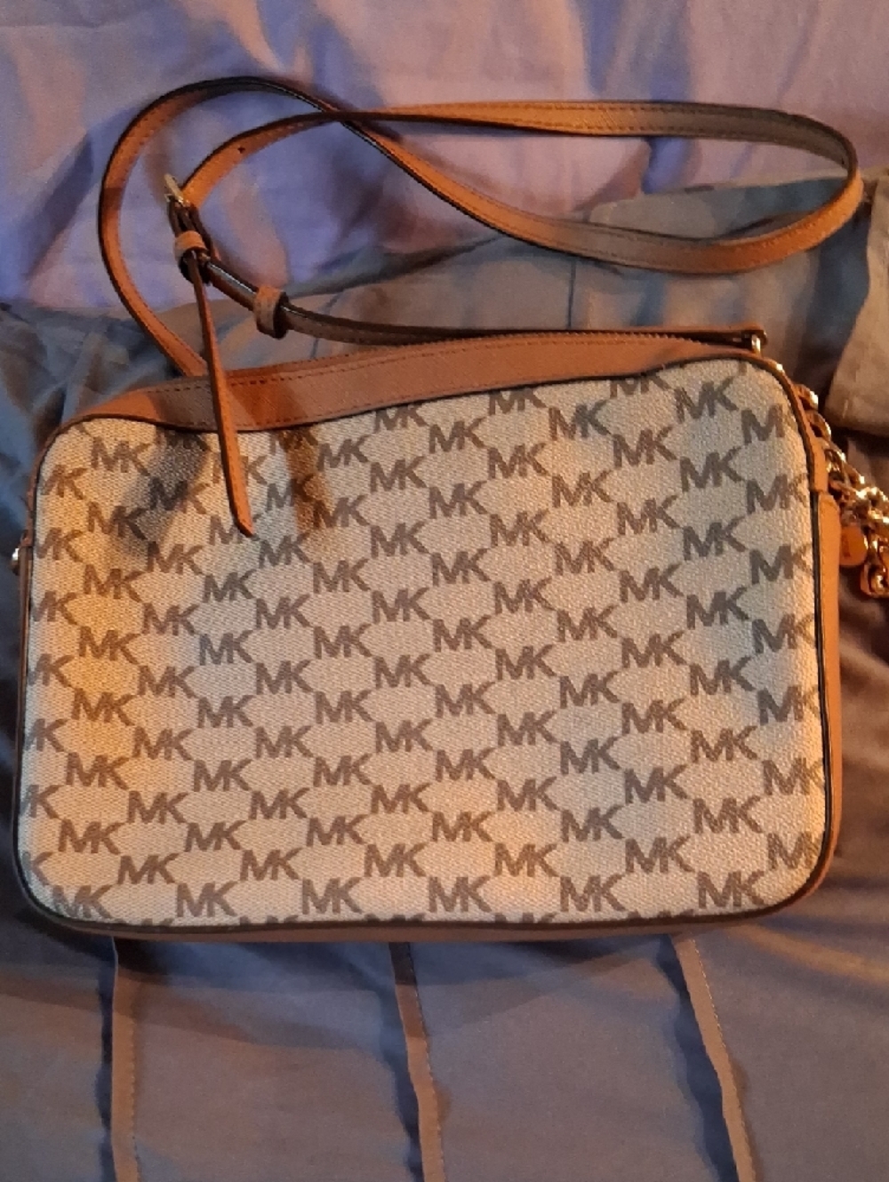 Michael Kors Tan and Brown MK Logo Crossbody with Gold Chain - Picture 2 of 3